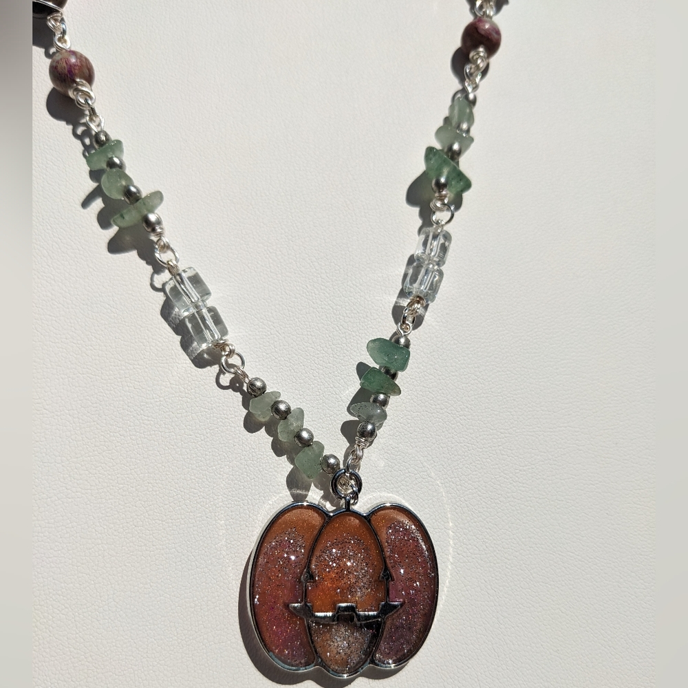 ๐SOLD๐ Pumpkin Necklace Silver Crystals Jasper Green Aventurine Artisan Resin - Picture 10 of 14